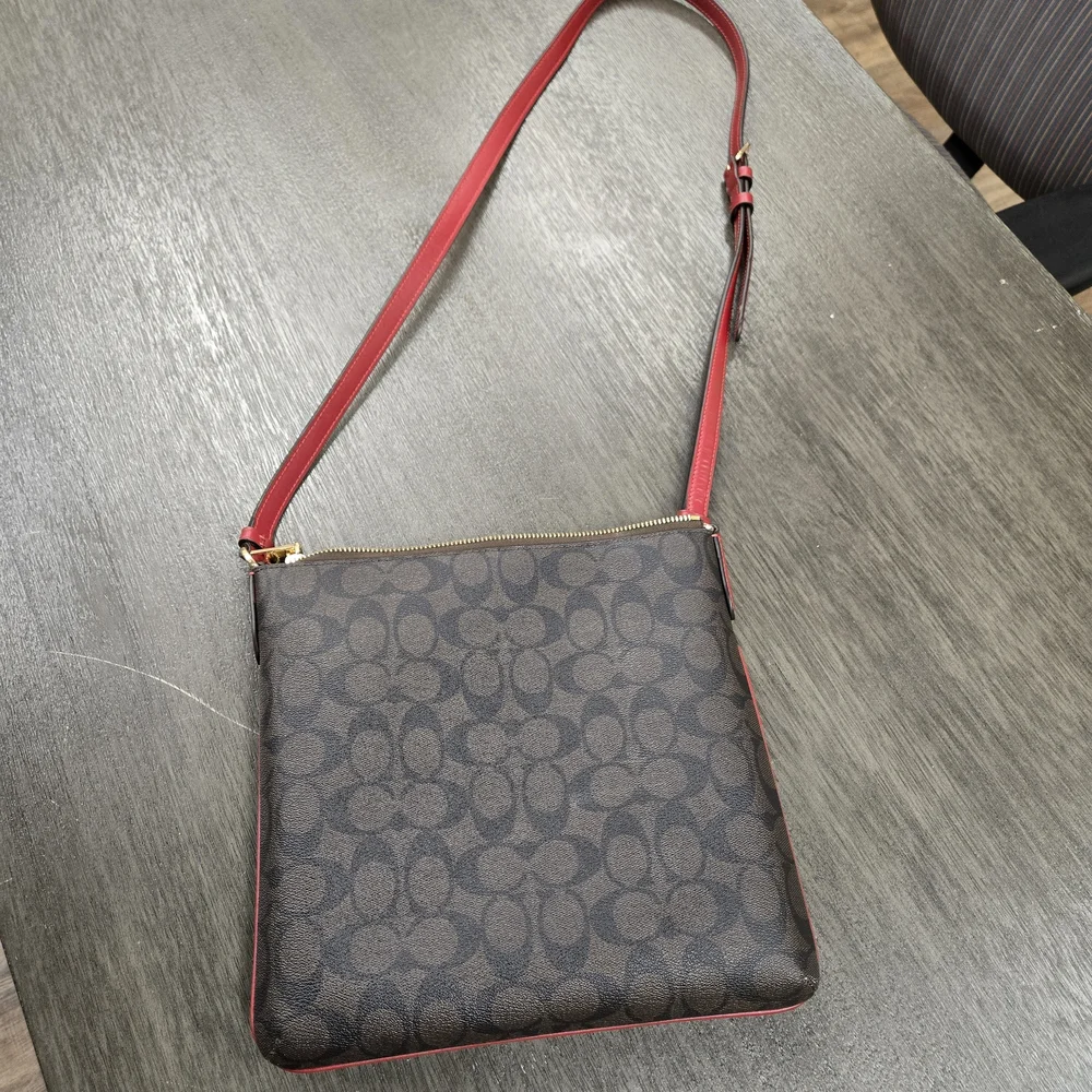 Coach Brown and Red Signature Crossbody Bag - Picture 9 of 11